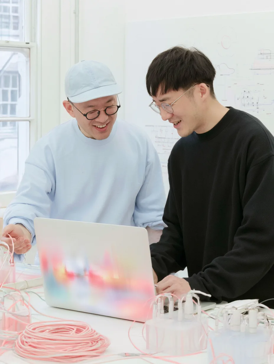 Two softcraft engineers reviewing a build together on one laptop in the Hammersmith studio